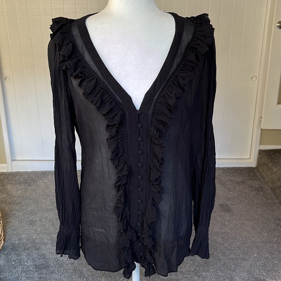 🐈‍⬛FRAME Crinkle  blouse top with ruffle black size small - Picture 2 of 8